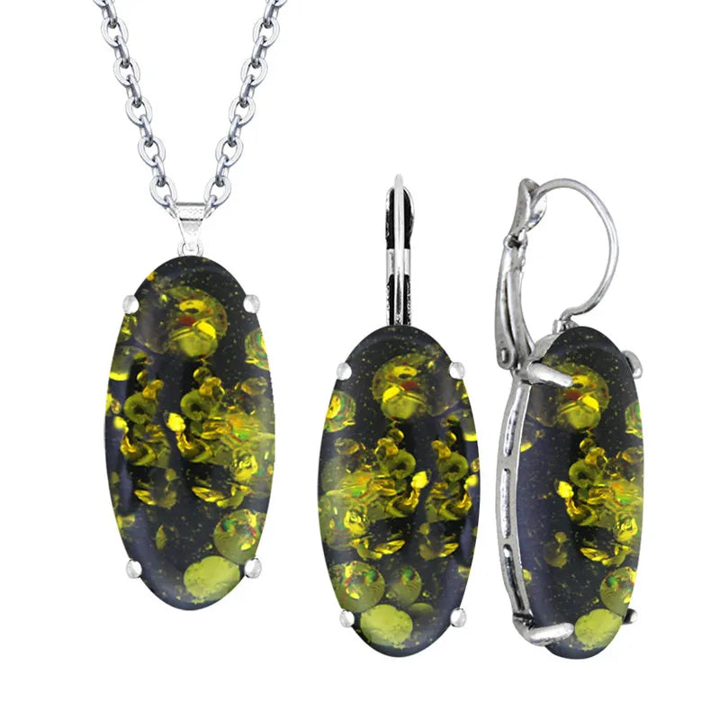 Ensemble collier et boucles d'oreilles vintage pour femme, pendentif en forme d'oeil, ambres simulés, bijoux fantaisie plaqués argent antique