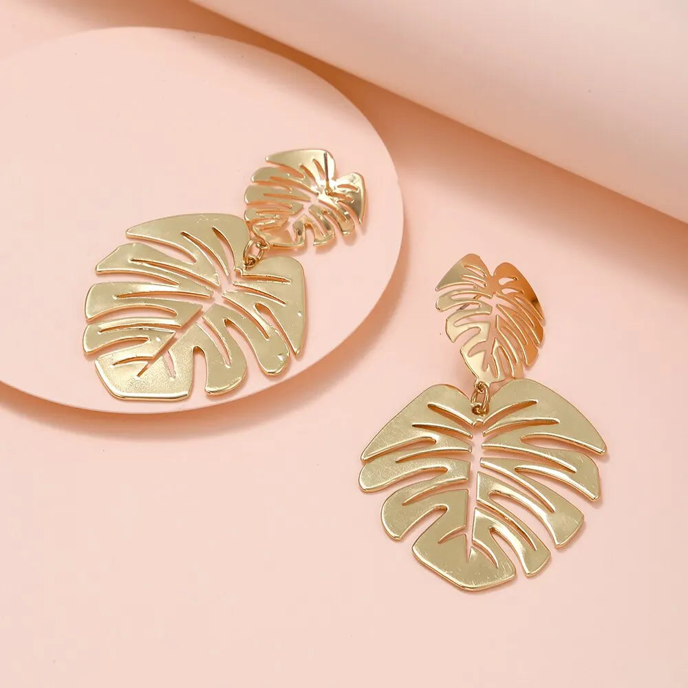Boucles d'oreilles bohème creuses pour femmes, feuille exagérée, goutte d'eau, géométrique, couleur or, plante tropicale, bijoux féminins, nouveaux cadeaux