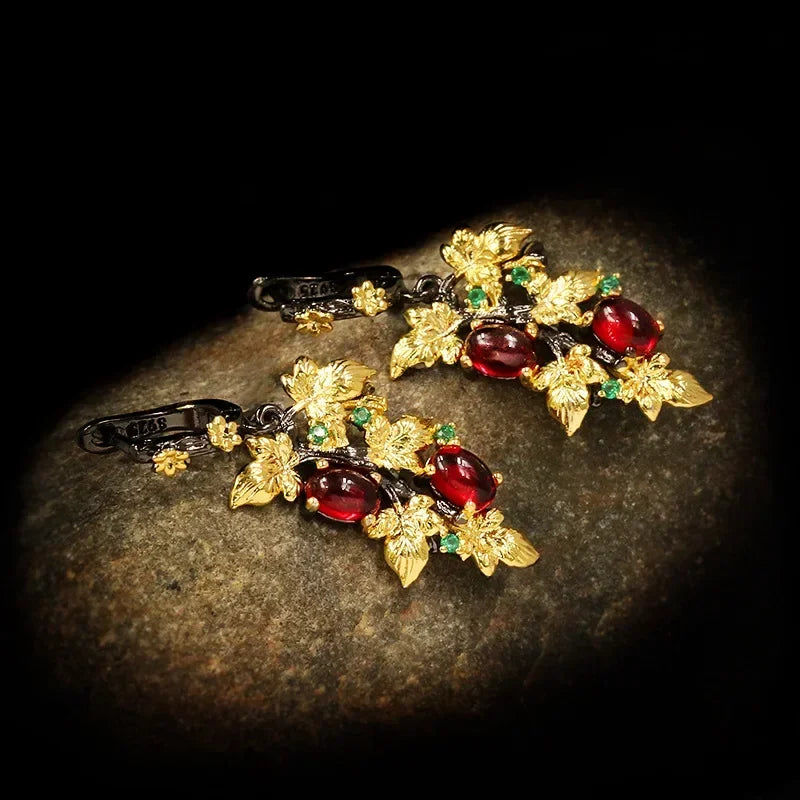 Nouveau élégant noir or rubis pendentif fleur feuille 925 boucles d'oreilles en argent cristal pierres précieuses dames bijoux boucles d'oreilles argent 925 bijoux