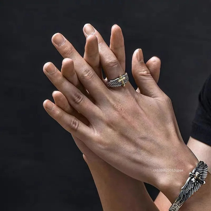 Bague croix d'ange pour hommes, bague d'ouverture à la mode et personnalisée, ailes et ailes de croix dorées pour hommes, bijoux gothiques punk
