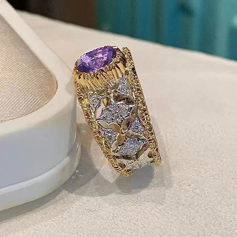 Bague Huitan en zircone cubique violette, motif ajouré bicolore – Élégance et raffinement pour femmes