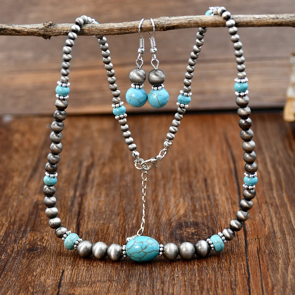 Ensemble de boucles d'oreilles et collier en Turquoise incrusté de perles rondes Vintage pour femmes, bijoux personnalisés à la mode faits à la main, 2 pièces