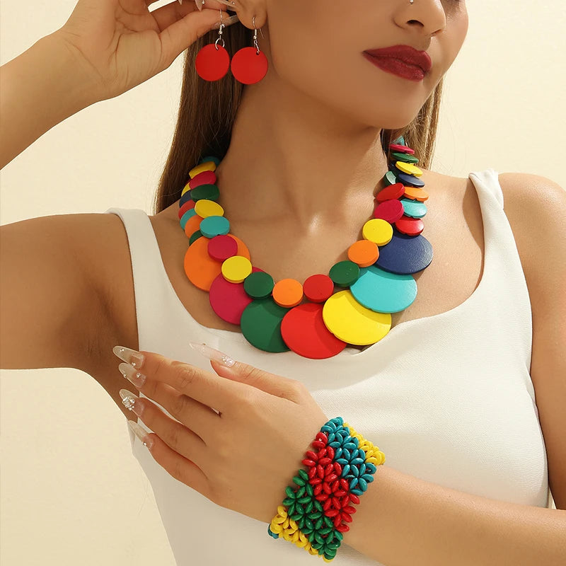 Grand ensemble de bijoux ronds en bois colorés à deux couches, pour fête de mariage africaine, perles en bois, collier, boucles d'oreilles, Bracelets, cadeaux pour femmes