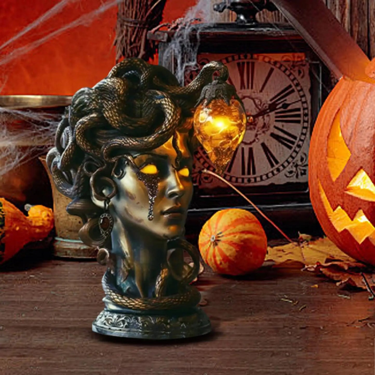 Statue de buste Medusa avec lumières Led, monstre mythique, ornement gothique en résine, décoration et fournitures amusantes pour Halloween