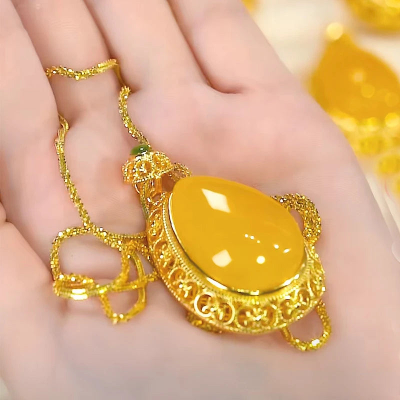 Chaîne de pull élégante avec pendentif en jade d'agate jaune naturelle – Accessoire haut de gamme pour femmes raffinées