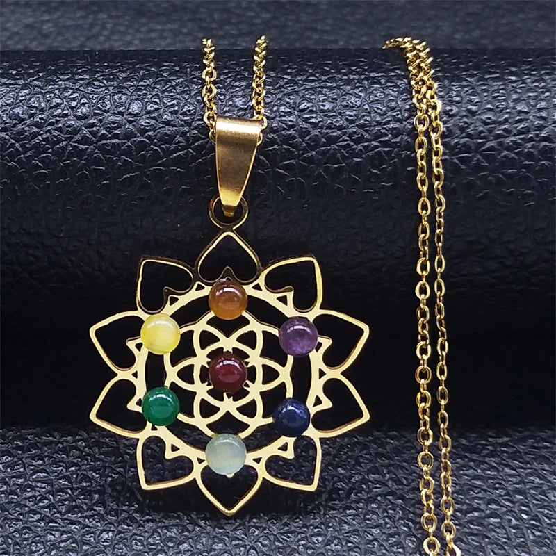 Géométrie sacrée 7 Chakra Metatron coeur collier fleur de vie en acier inoxydable opale pierre collier Reiki guérison bijoux N6341