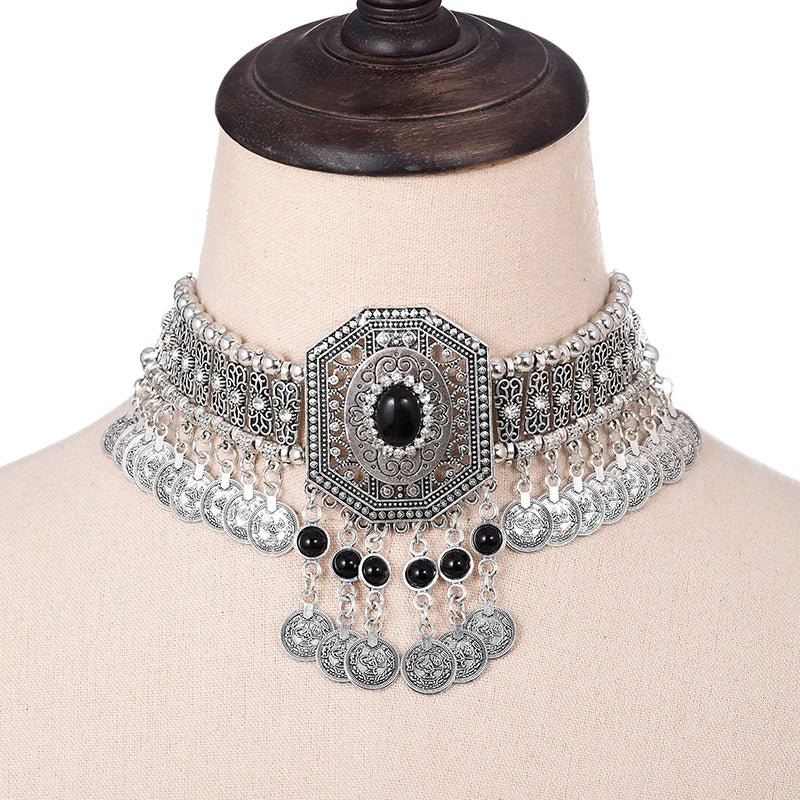 Collier ethnique pour femmes, ras du cou, bohème, Vintage, creux, géométrique, cristal, strass, perles, pièce de monnaie, pompon, bijoux