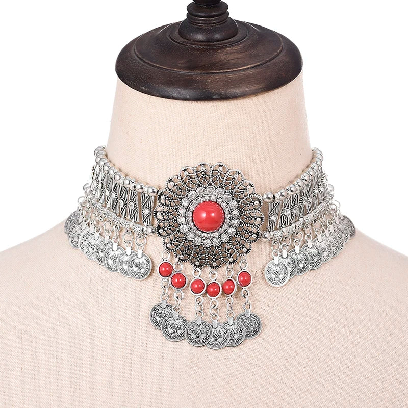Collier ethnique pour femmes, ras du cou, bohème, Vintage, creux, géométrique, cristal, strass, perles, pièce de monnaie, pompon, bijoux