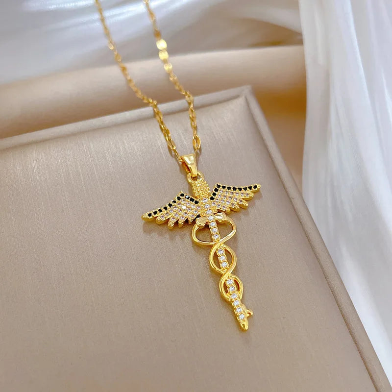 Collier ailes d'angle en acier inoxydable CZ, serpent Ouroboros, baguette magique, caducée, Asclepius, colliers, médicaux d'urgence, bijoux
