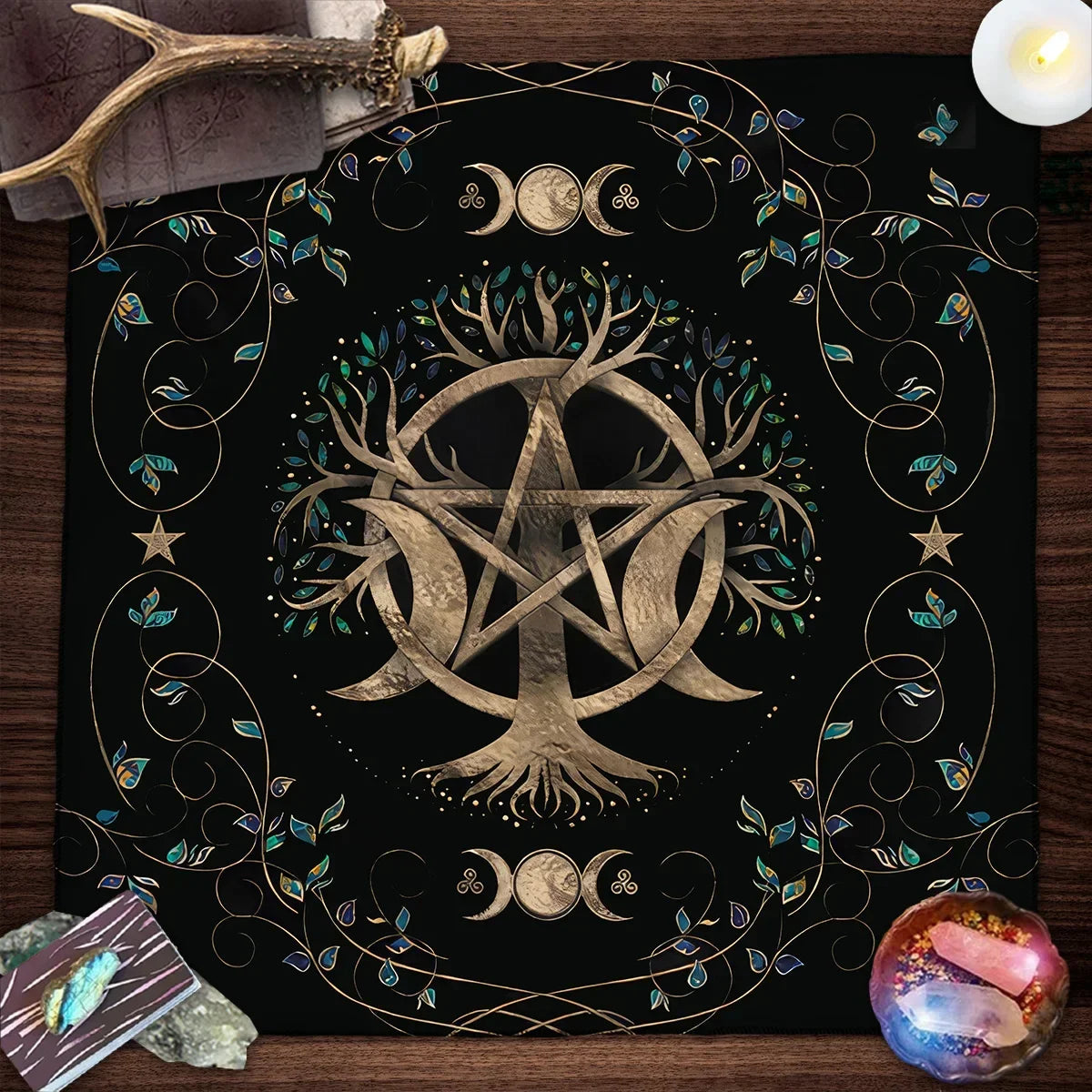 Nappe de carte de Tarot arbre de vie, nappe de plantes de Phase de lune pour Tarot de sorcière Wicca, tissu d'autel, tapis de carte de Divination