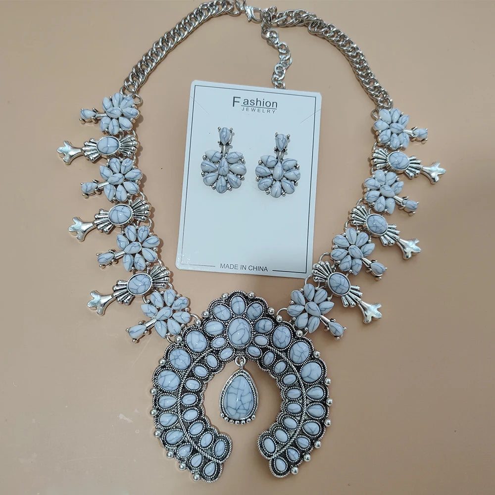 Navajo – ensemble de bijoux indiens pour femmes, boucles d'oreilles en résine de pierre Turquoise rouge et collier de fleurs de courge occidentales pour femmes