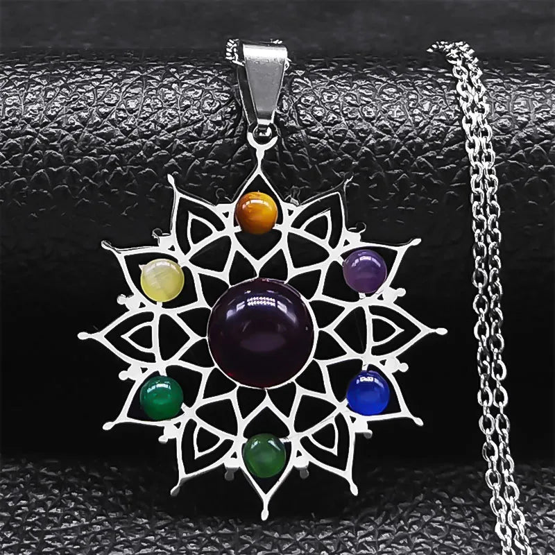 Géométrie sacrée 7 Chakra Metatron coeur collier fleur de vie en acier inoxydable opale pierre collier Reiki guérison bijoux N6341