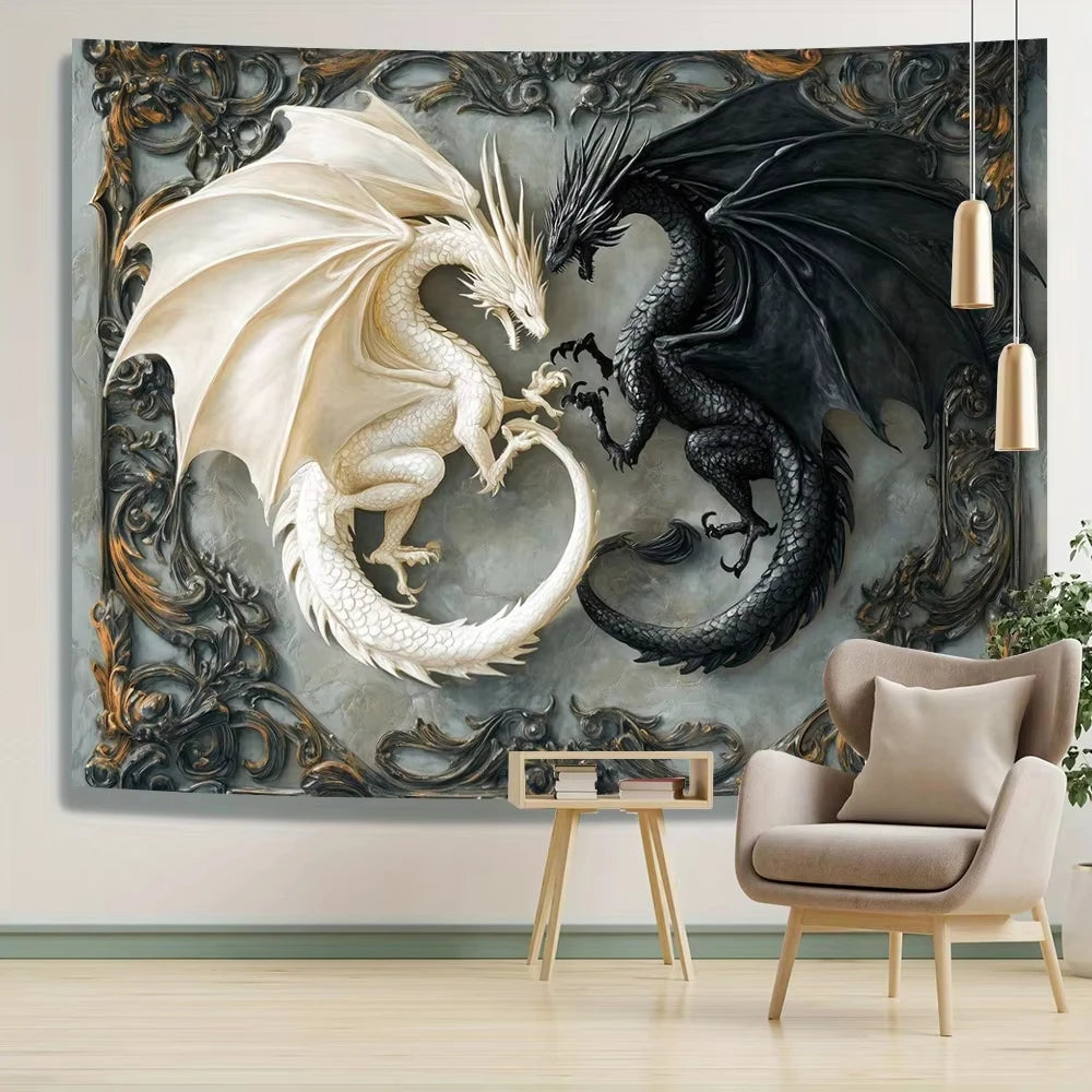 Superbe tapisserie murale suspendue en forme de Dragon noir et blanc, en Polyester de haute qualité, motif de Dragon exquis, décor de bureau