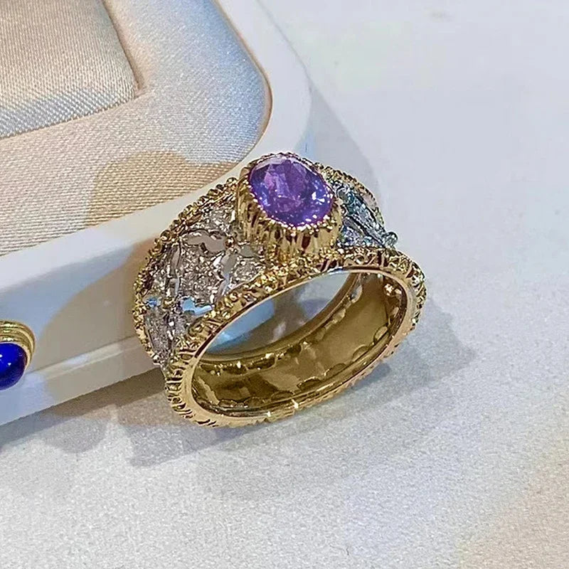 Bague Huitan en zircone cubique violette, motif ajouré bicolore – Élégance et raffinement pour femmes