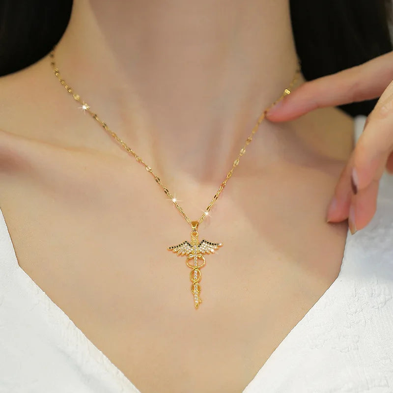 Collier ailes d'angle en acier inoxydable CZ, serpent Ouroboros, baguette magique, caducée, Asclepius, colliers, médicaux d'urgence, bijoux