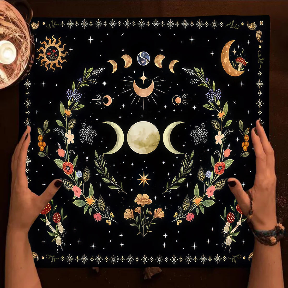 Nappe de carte de Tarot arbre de vie, nappe de plantes de Phase de lune pour Tarot de sorcière Wicca, tissu d'autel, tapis de carte de Divination