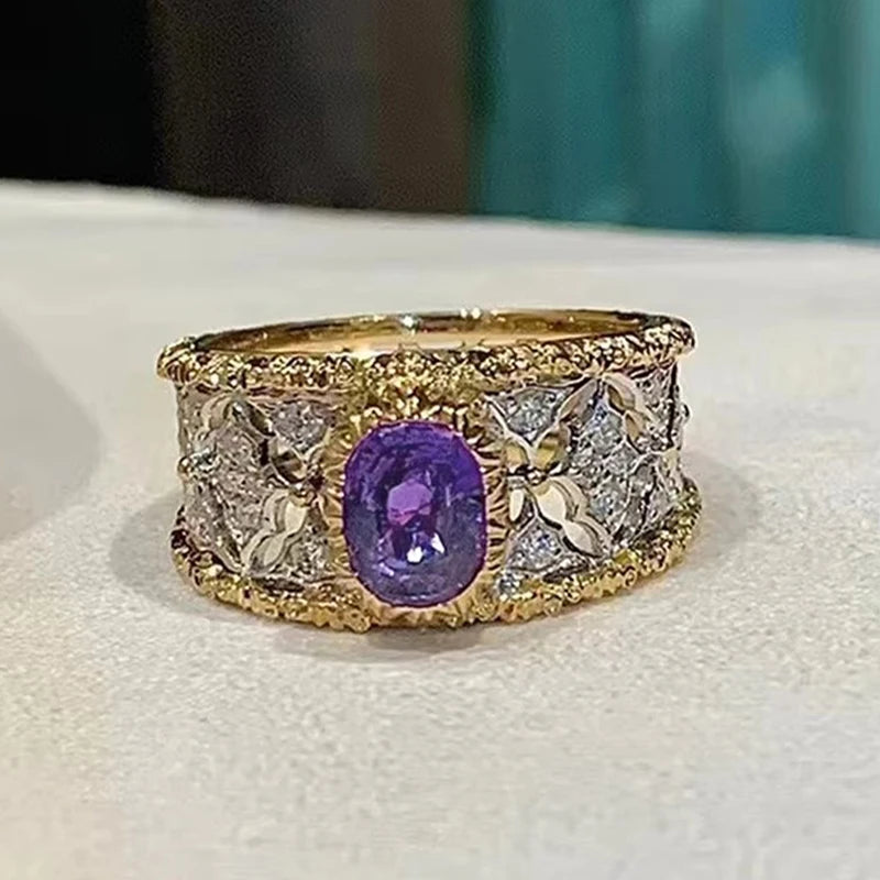 Bague Huitan en zircone cubique violette, motif ajouré bicolore – Élégance et raffinement pour femmes