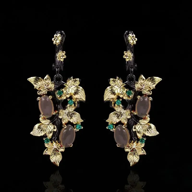 Nouveau élégant noir or rubis pendentif fleur feuille 925 boucles d'oreilles en argent cristal pierres précieuses dames bijoux boucles d'oreilles argent 925 bijoux