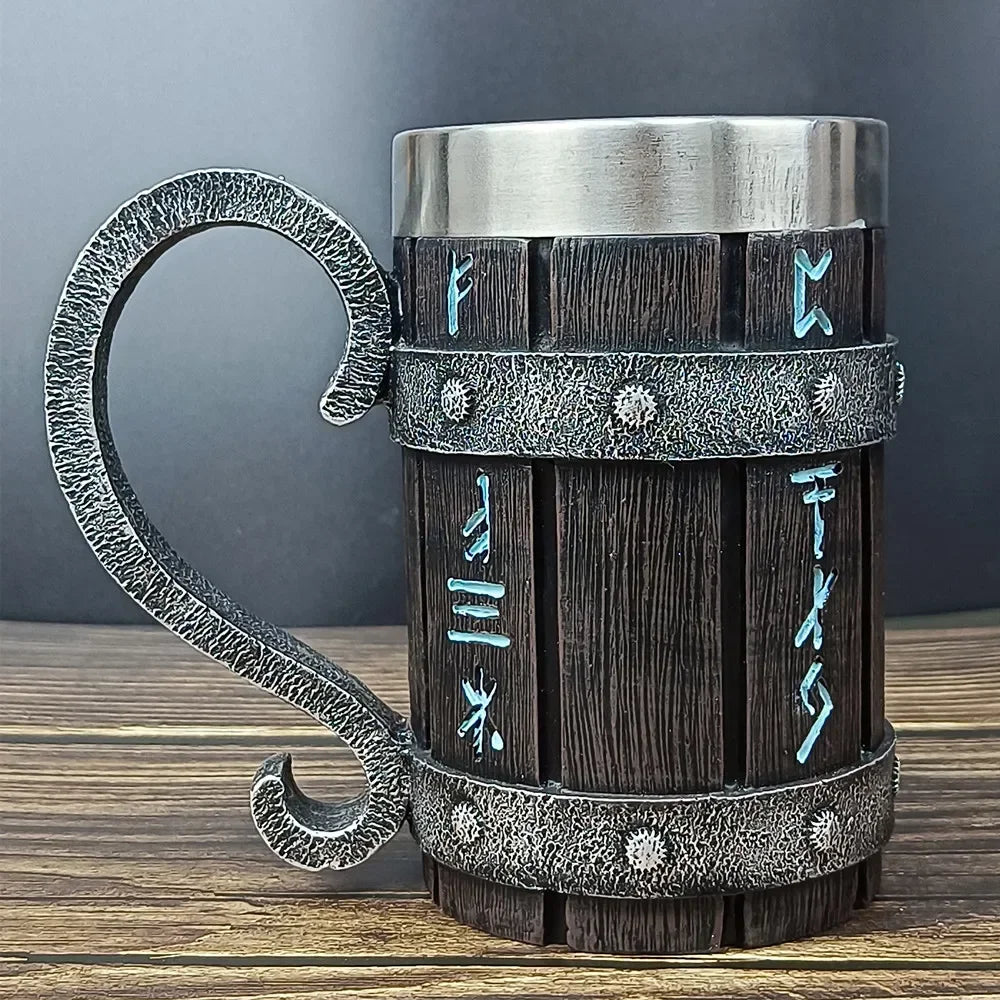 Tasse à café viking vintage avec doublure en acier inoxydable, grande capacité, baril de chêne, chope à bière, tasse à thé, pub, bar, cadeau de fête