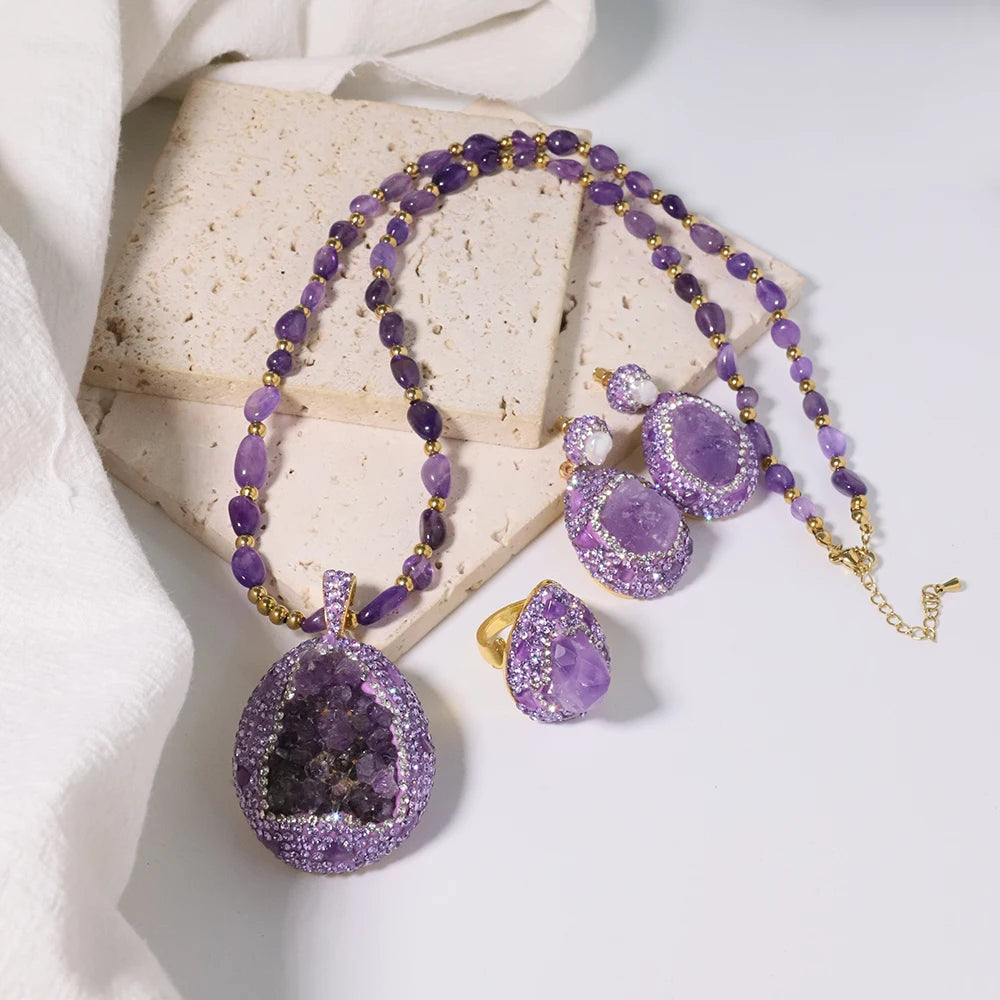 Ensemble de collier et boucles d'oreilles en améthyste naturelle et Zircon, bijoux de luxe de Style coréen pour femmes et filles, cadeau GS0198
