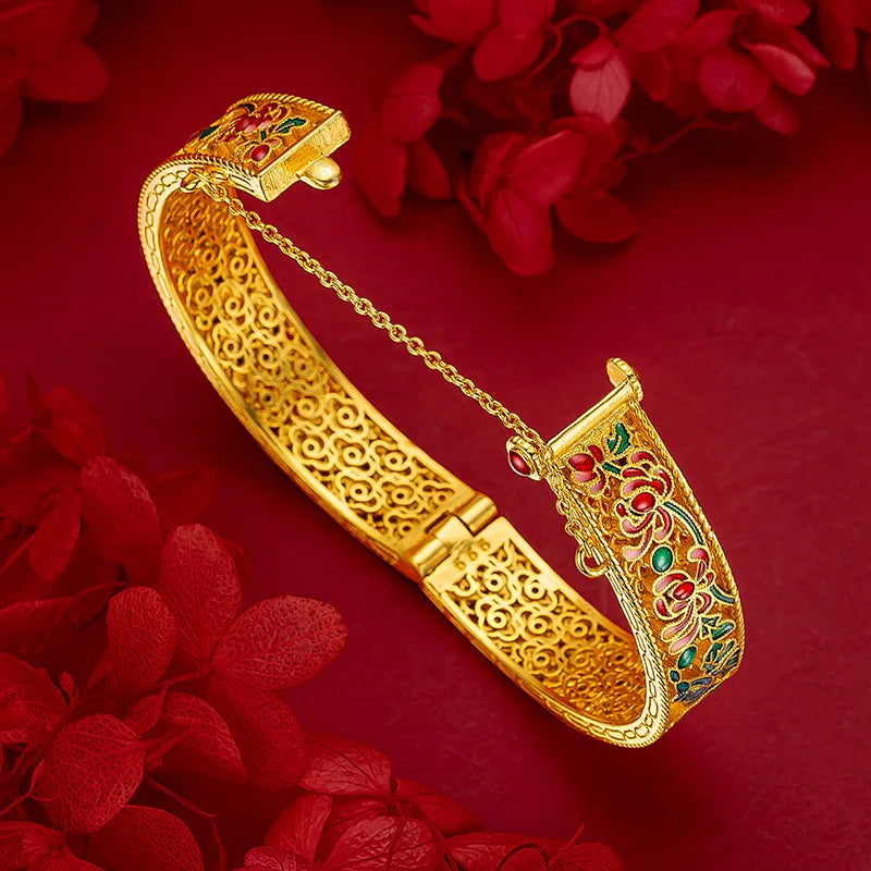 Bracelet en or 24K AU999 avec émail bleu et filigrane, méthode ancienne creux, style palais luxueux pour femmes