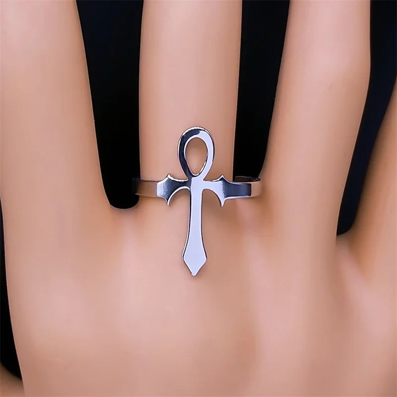 Bague en croix égyptien pour hommes et femmes, anneau en acier inoxydable, symbole de vie Anubis, ajustable, tendance égyptienne, bijoux de fête, cadeau
