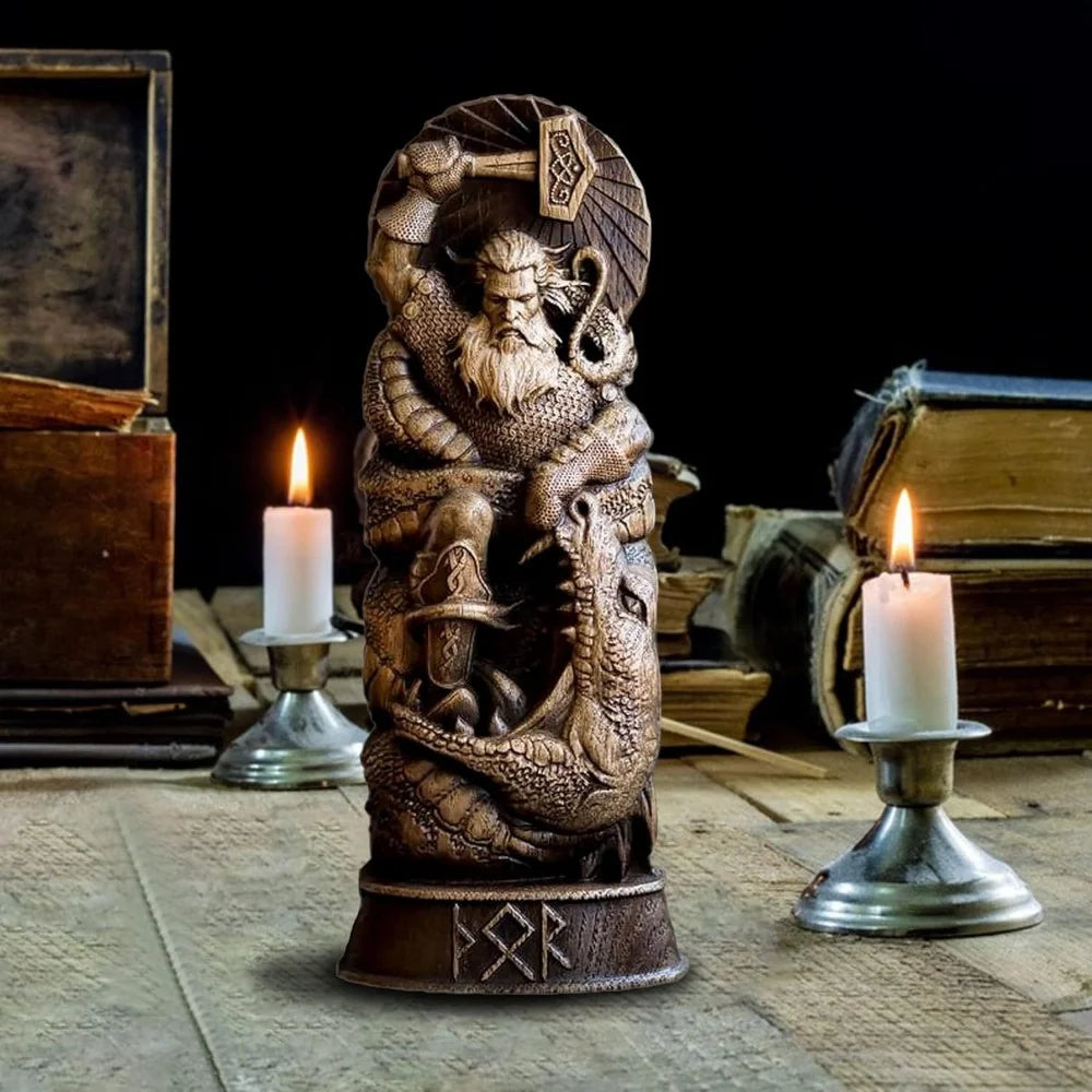 Statue Panthéon Scandinave en Résine pour Dieu Nordique, Armoire à Vin, Sculpture d'Étagère T1, Podium (Thor)