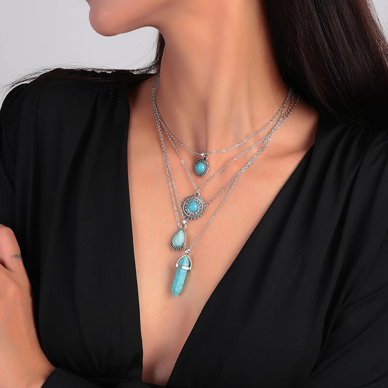 Collier pendentif soleil en pierre turquoise de Bohême pour femmes et filles, cadeaux de bijoux de festival de fête, ensemble de 4 pièces