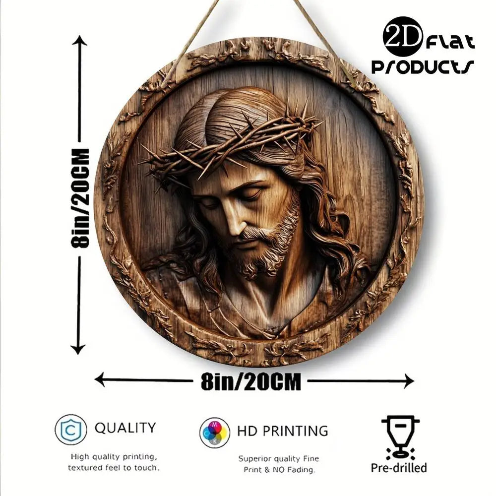 Panneau de jésus religieux rétro, plat 2D peut être directement accroché avec une corde, panneau mural de noël rond rustique en bois, adapté à la maison