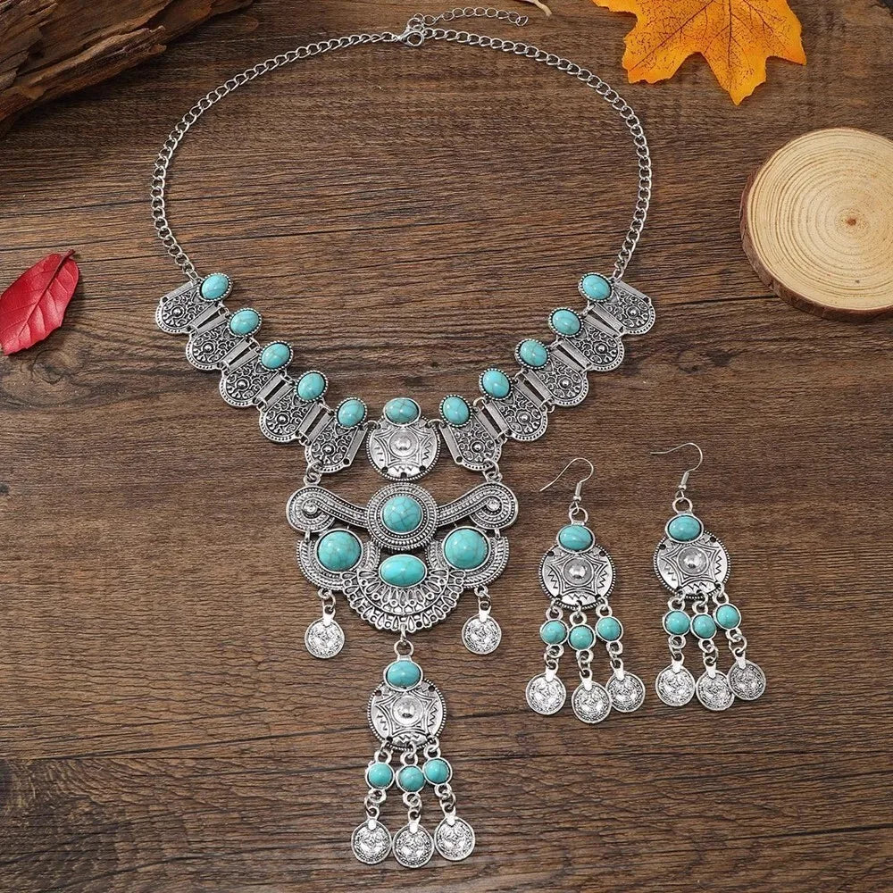 Ensemble de bijoux occidentaux ethnique Vintage, Imitation Turquoise, pièce de monnaie en métal, collier et boucles d'oreilles pour femmes, accessoires de fête