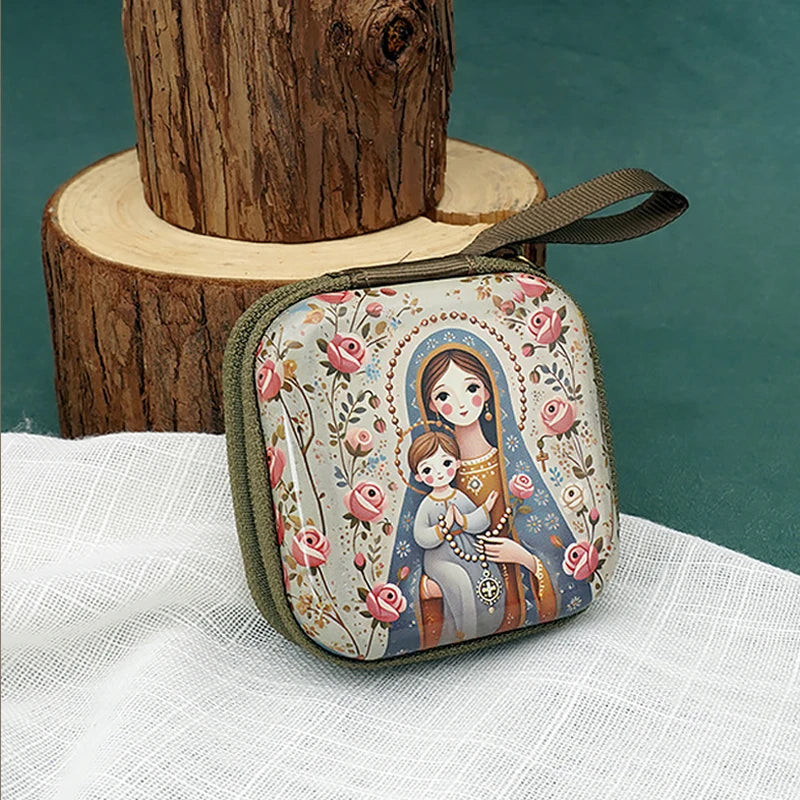 7x7 cm vierge marie jésus prière chapelet sac bijoux religieux boîte de rangement Articulos religiosos catholico
