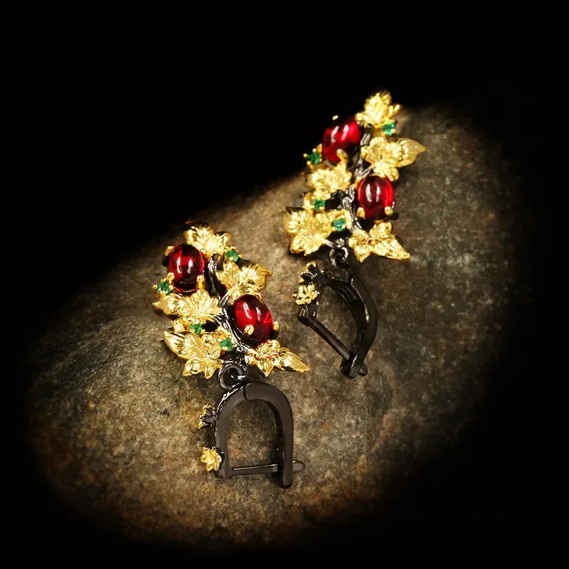 Nouveau élégant noir or rubis pendentif fleur feuille 925 boucles d'oreilles en argent cristal pierres précieuses dames bijoux boucles d'oreilles argent 925 bijoux