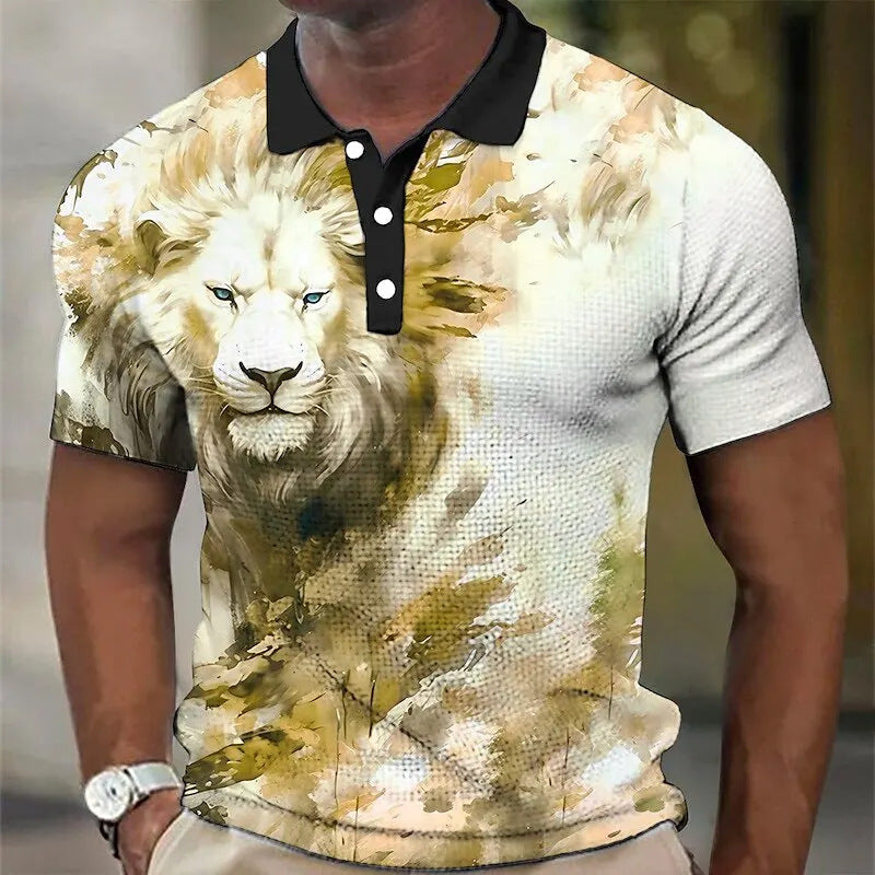 3D Wolf Printed Casual Short-sleeved Street Hip-hop T-shirt Breathable Pullover Men's Polo Shirt