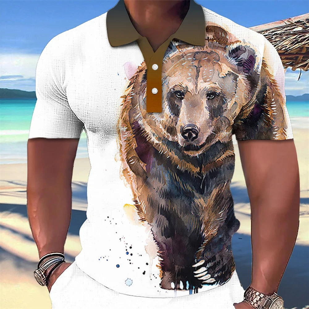 3D Wolf Printed Casual Short-sleeved Street Hip-hop T-shirt Breathable Pullover Men's Polo Shirt