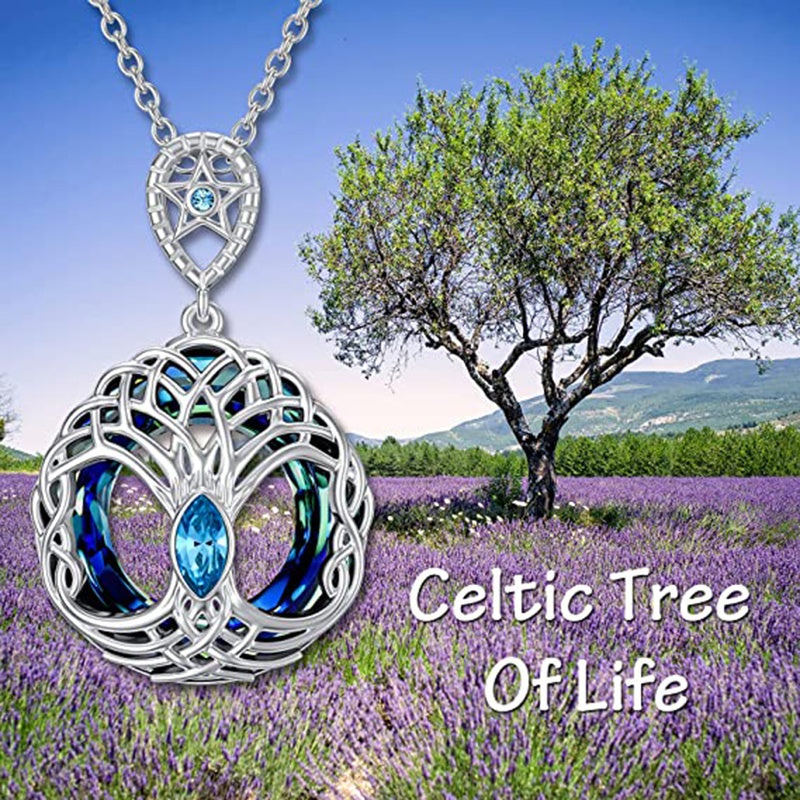 Celtic Tree Of Life Pendant Necklace Blue Circle Crystal Crann Bethadh Necklace