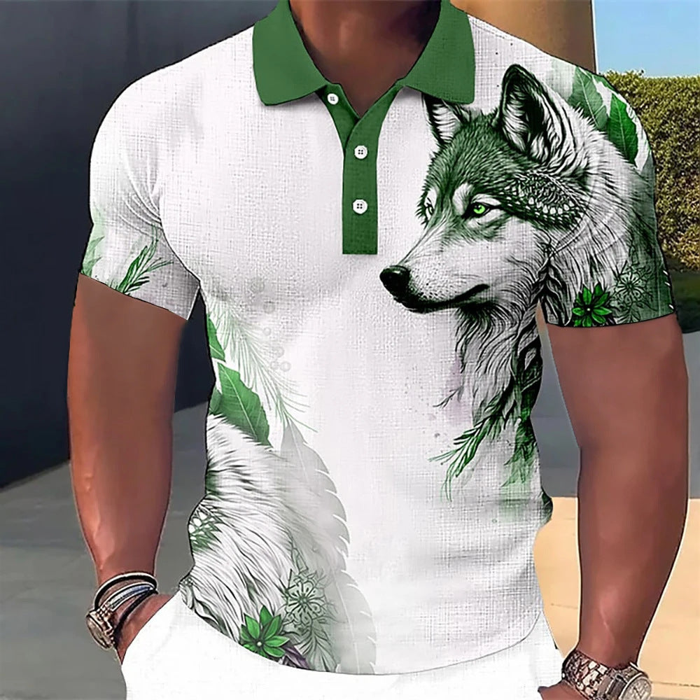 3D Wolf Printed Casual Short-sleeved Street Hip-hop T-shirt Breathable Pullover Men's Polo Shirt