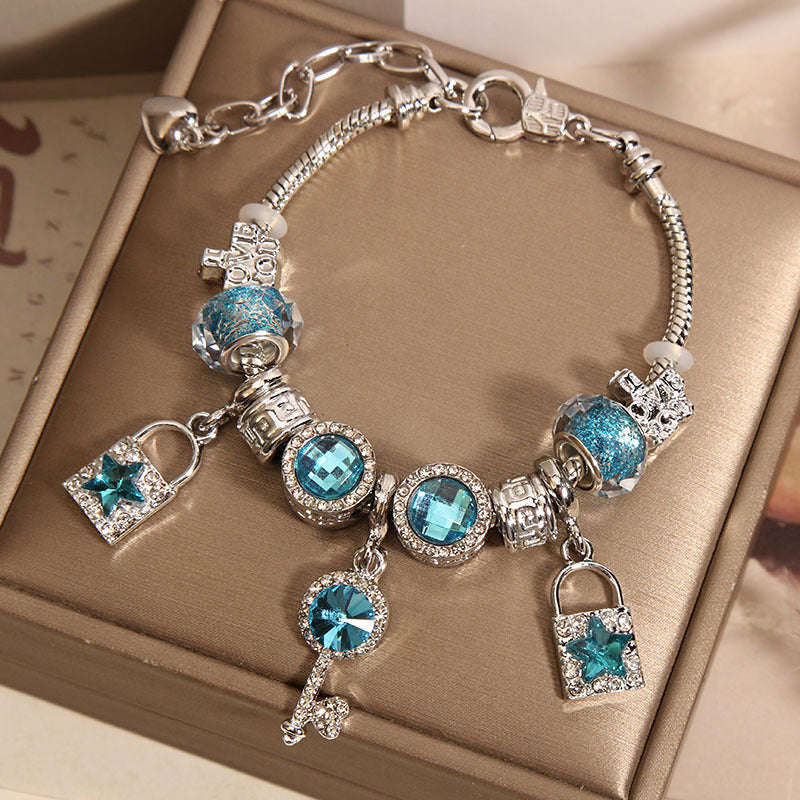 Mori Style Blue Glass Bead Key Lock Bracelet