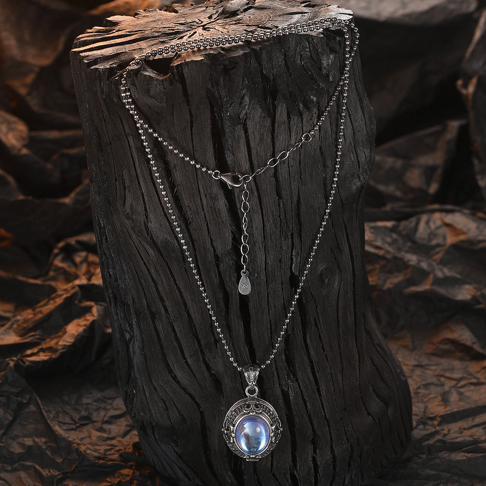 S925 Sterling Silver Vintage Cross Moonstone Necklace Women's High Sense Thailand Silver Pendant Personalized Jewelry