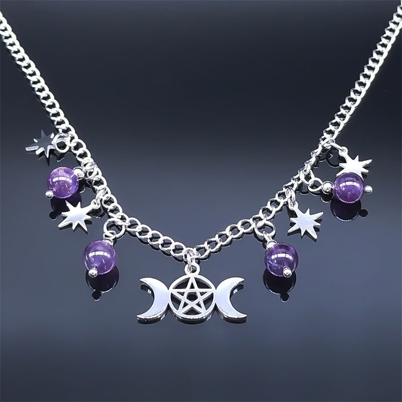 Triple Moon Goddess Five-pointed Star Necklace Stainless Steel