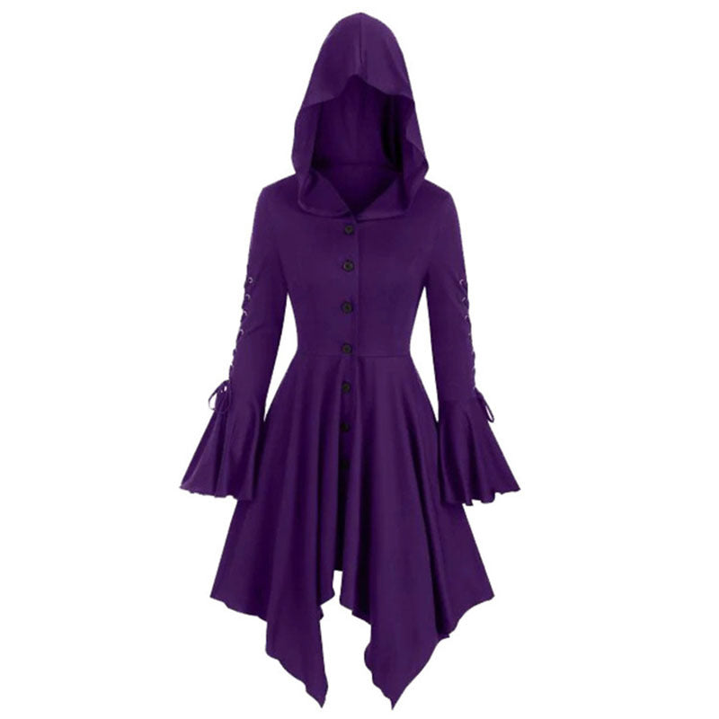 Vintage Female Gothic Hooded Dress Cloak Punk Witch Coat Lace Up Irregular Hem Lotus Sleeve