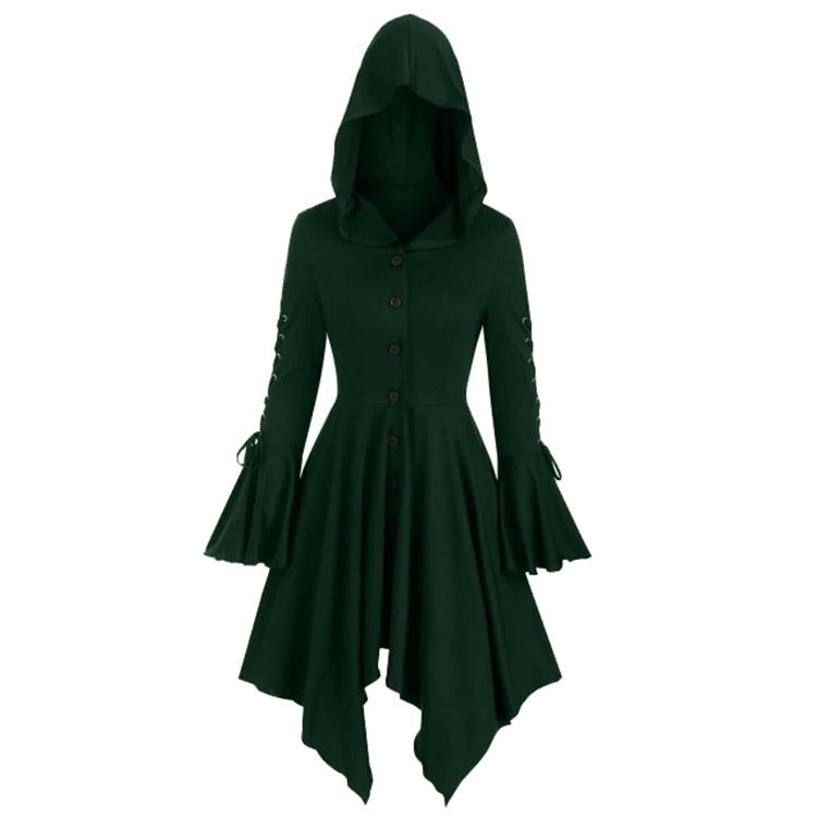 Vintage Female Gothic Hooded Dress Cloak Punk Witch Coat Lace Up Irregular Hem Lotus Sleeve