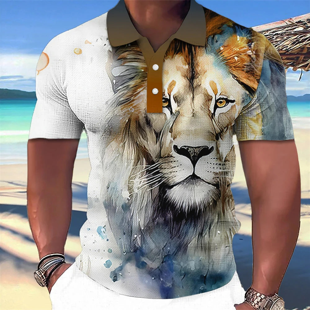 3D Wolf Printed Casual Short-sleeved Street Hip-hop T-shirt Breathable Pullover Men's Polo Shirt