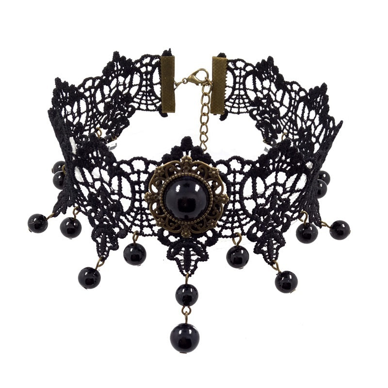 Gothic Style Pearl Lace Pendant Necklace
