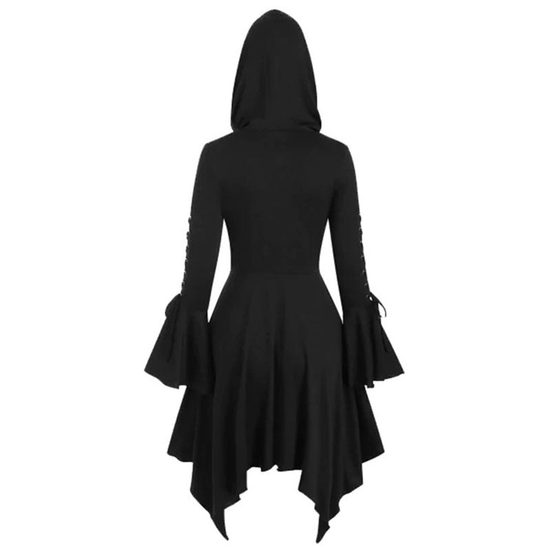 Vintage Female Gothic Hooded Dress Cloak Punk Witch Coat Lace Up Irregular Hem Lotus Sleeve