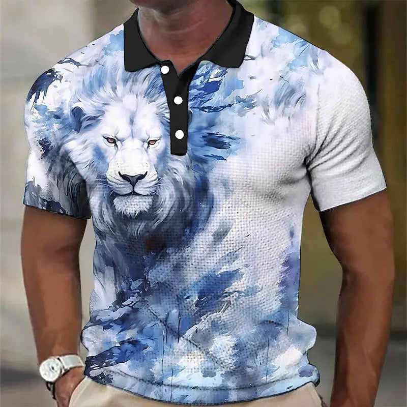 3D Wolf Printed Casual Short-sleeved Street Hip-hop T-shirt Breathable Pullover Men's Polo Shirt