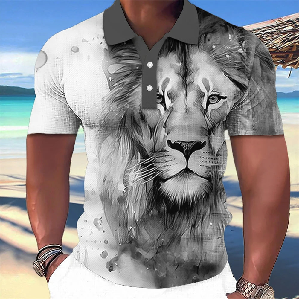 3D Wolf Printed Casual Short-sleeved Street Hip-hop T-shirt Breathable Pullover Men's Polo Shirt