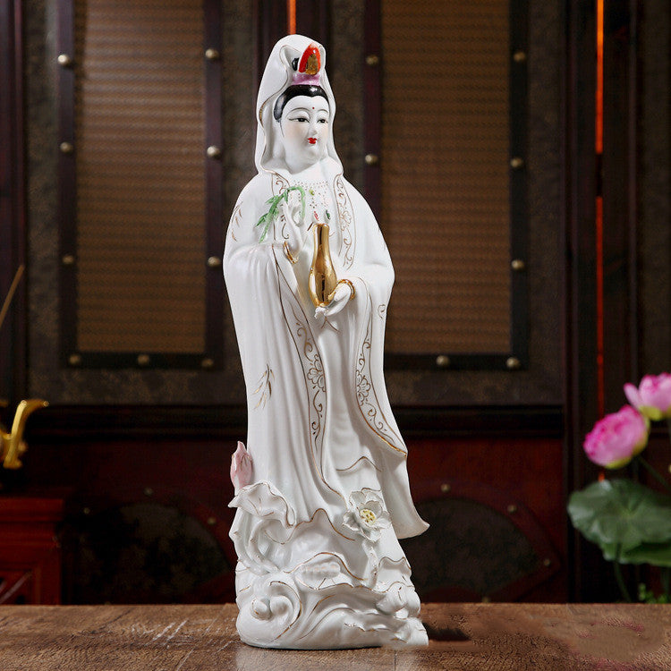 White Jade Avalokitesvara Bodhisattva Statue Ceramic Ornament