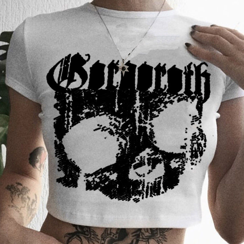Vintage Short Sleeve T-shirt 90s Gothic Harajuku Print Pattern Croptop Skeleton Skull Female Top