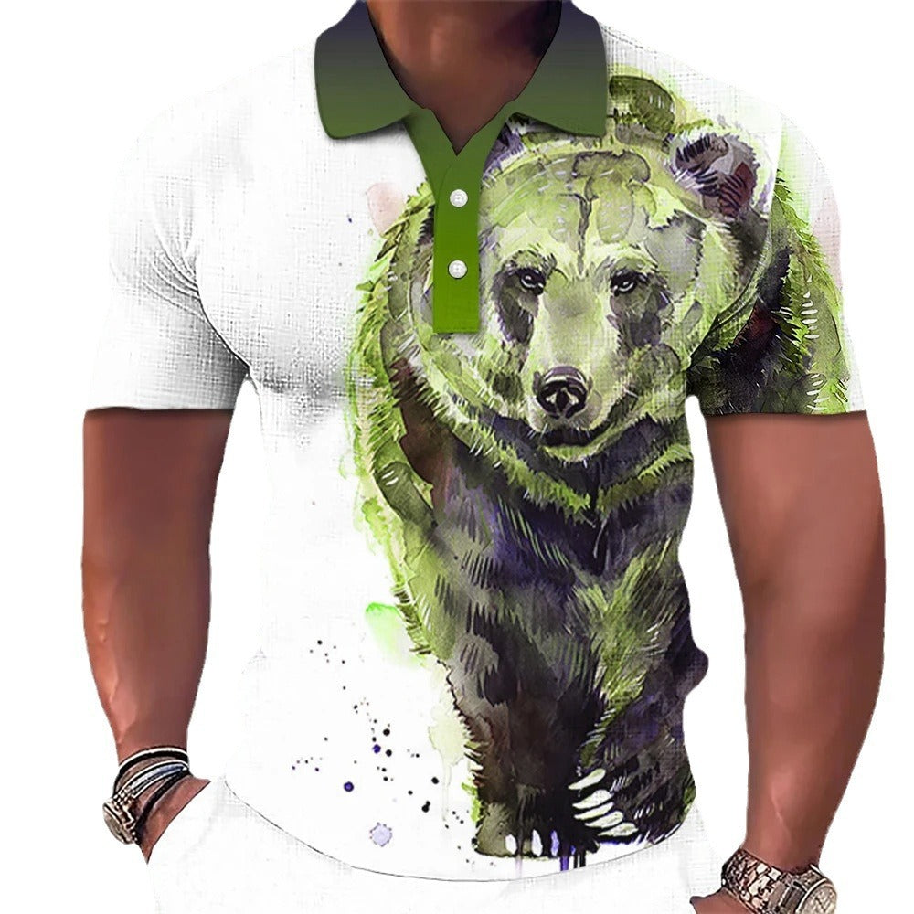 3D Wolf Printed Casual Short-sleeved Street Hip-hop T-shirt Breathable Pullover Men's Polo Shirt