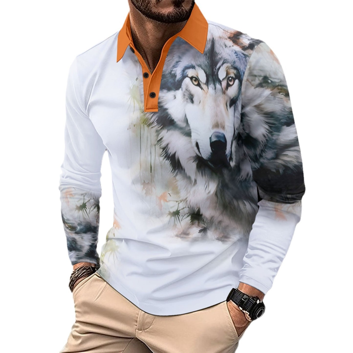 Long Sleeve Wolf Head Men's Casual Polo Shirt